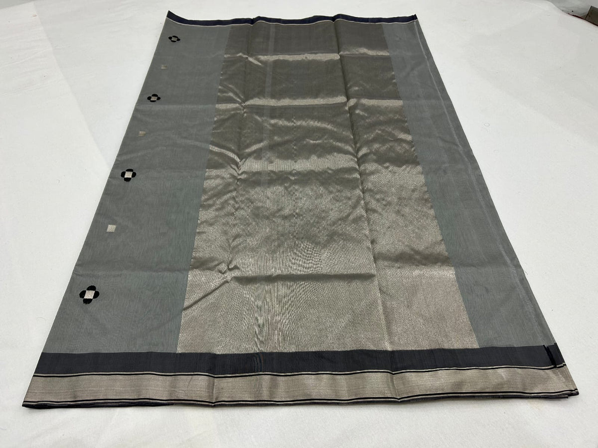 Silver grey Chanderi handloom saree with graphic black buttas