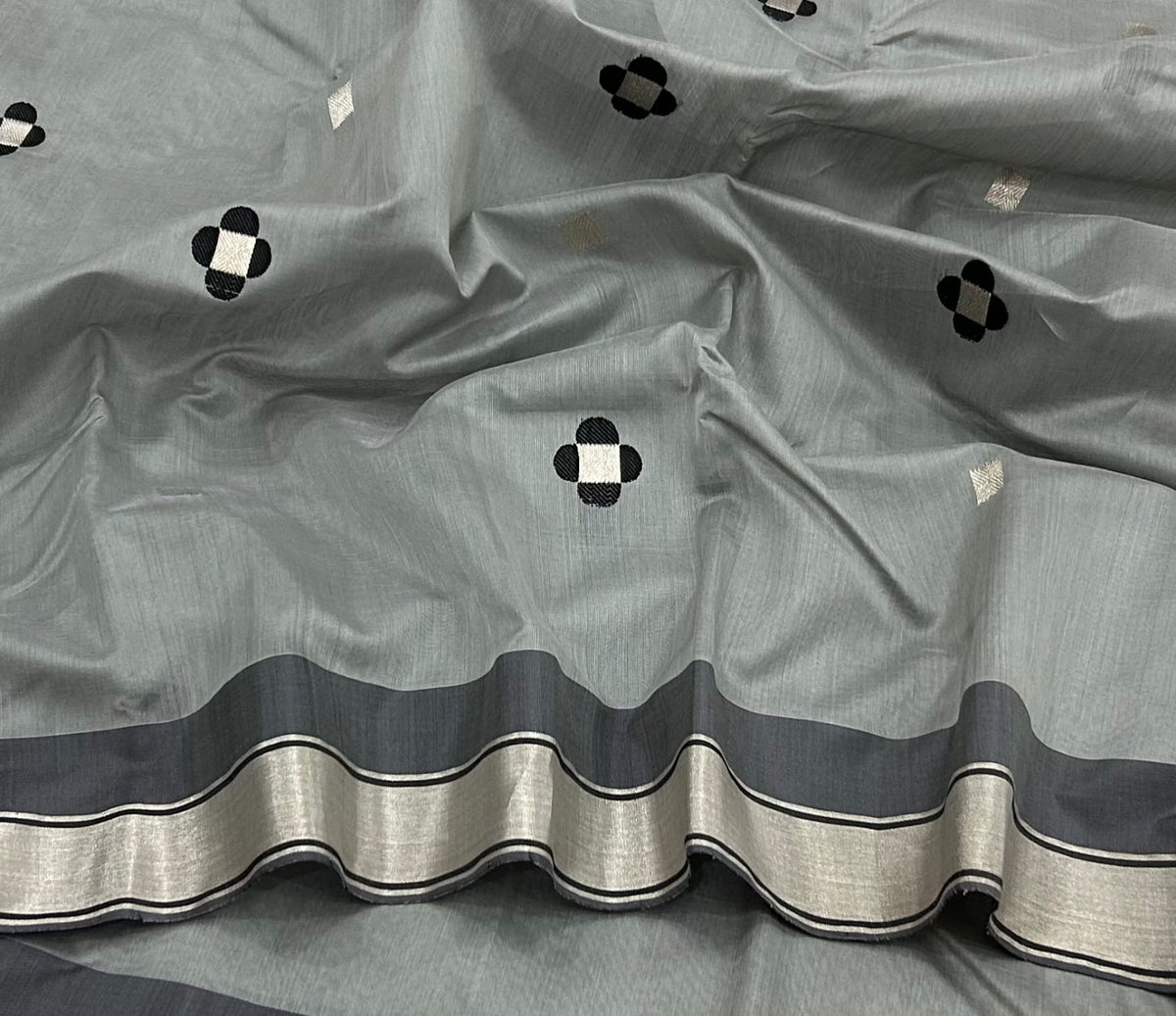 Grey Chanderi Mesrise Silk saree with broad silver border