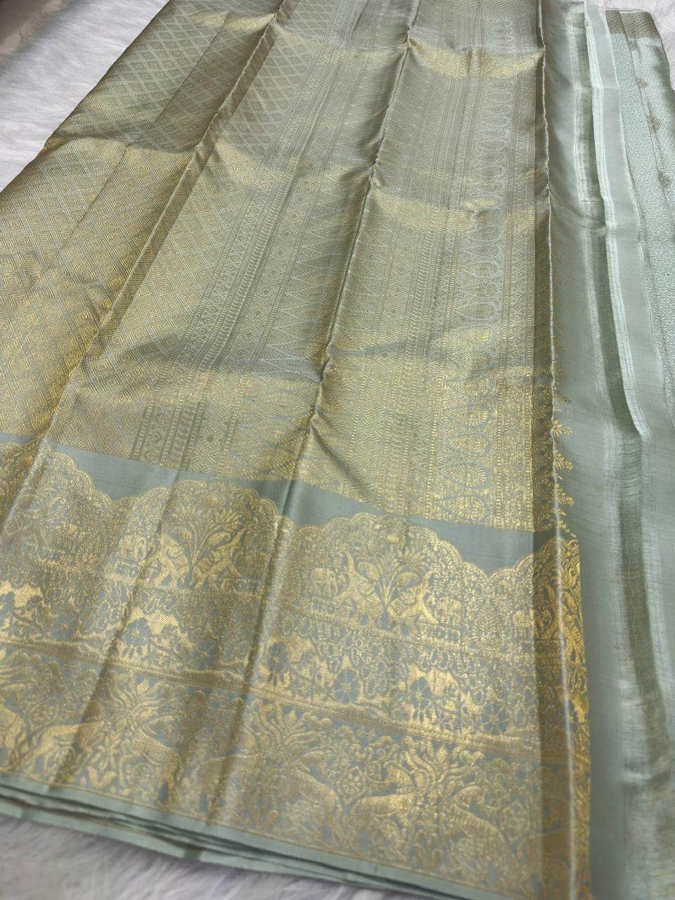 Silver grey Kanchipuram saree with tonal traditional motifs, Idam Living