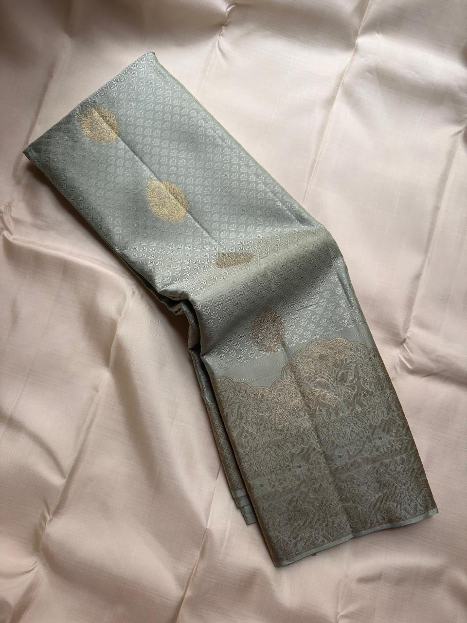 Silver grey Kanjivaram saree with traditional Kanchipuram motifs, Idam Living
