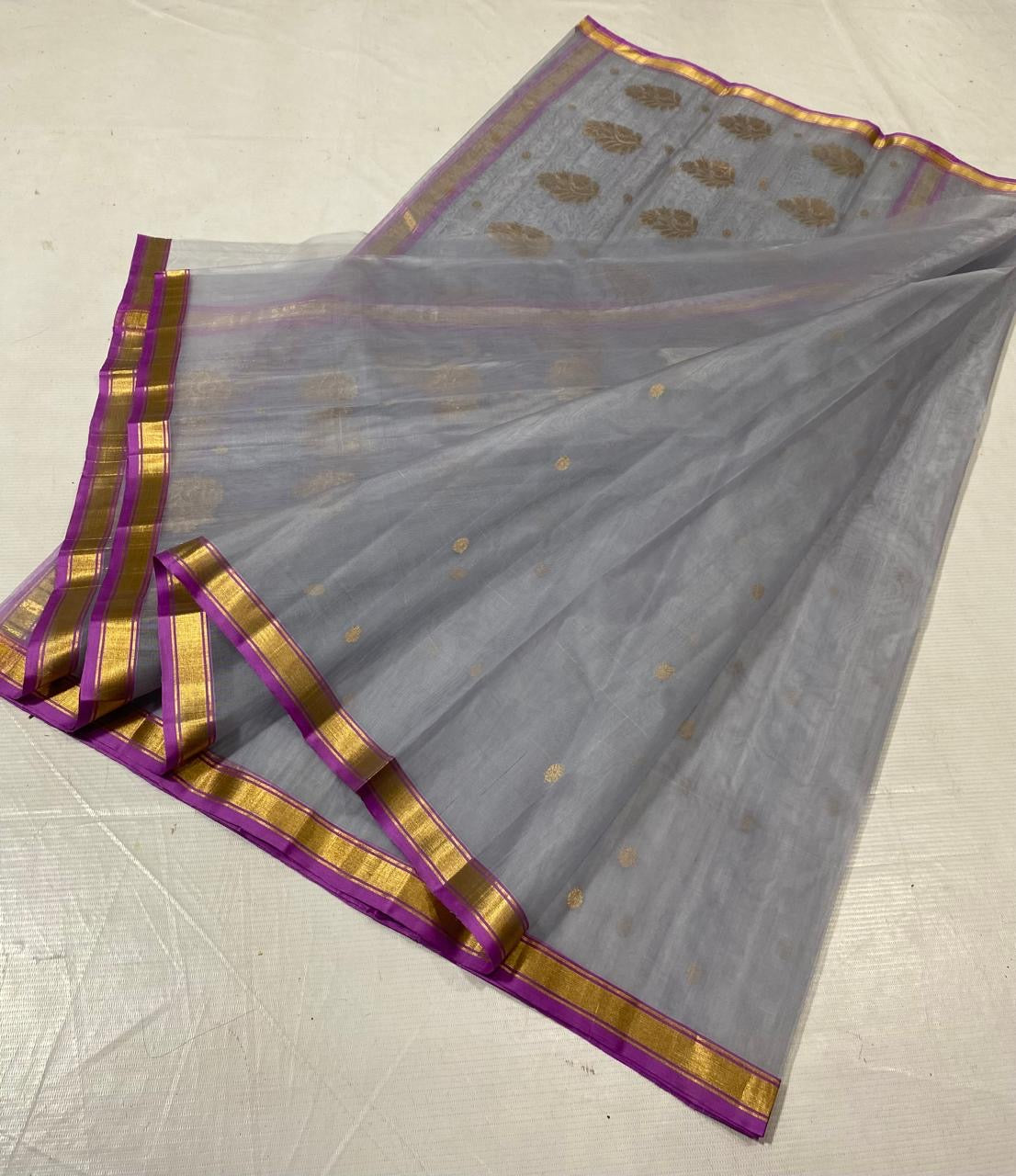 Silver grey Katan Silk Chanderi saree with scattered gold buttas
