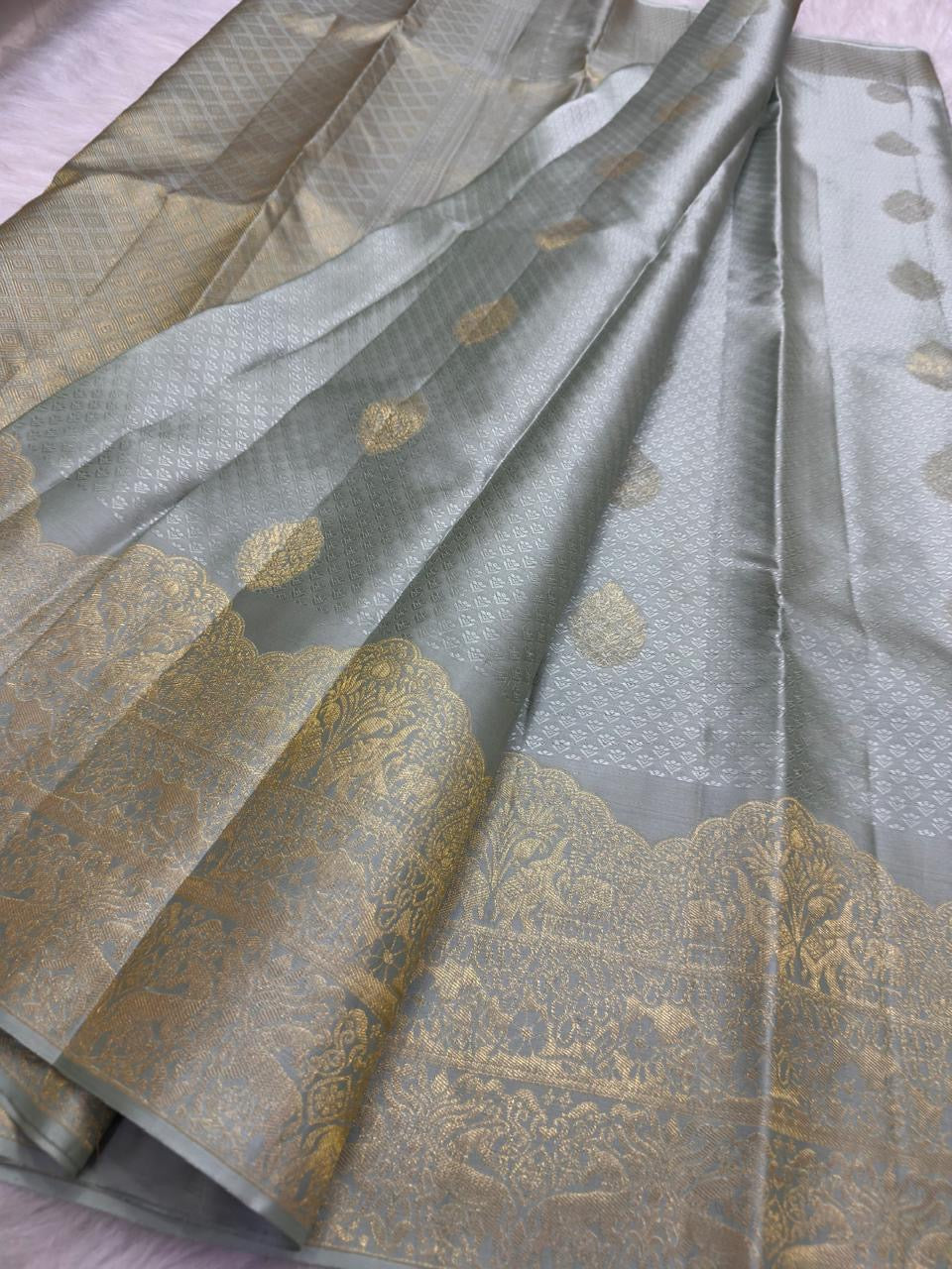 Silver grey pure silk Kanjeevaram saree with traditional butta motifs, Idam Living