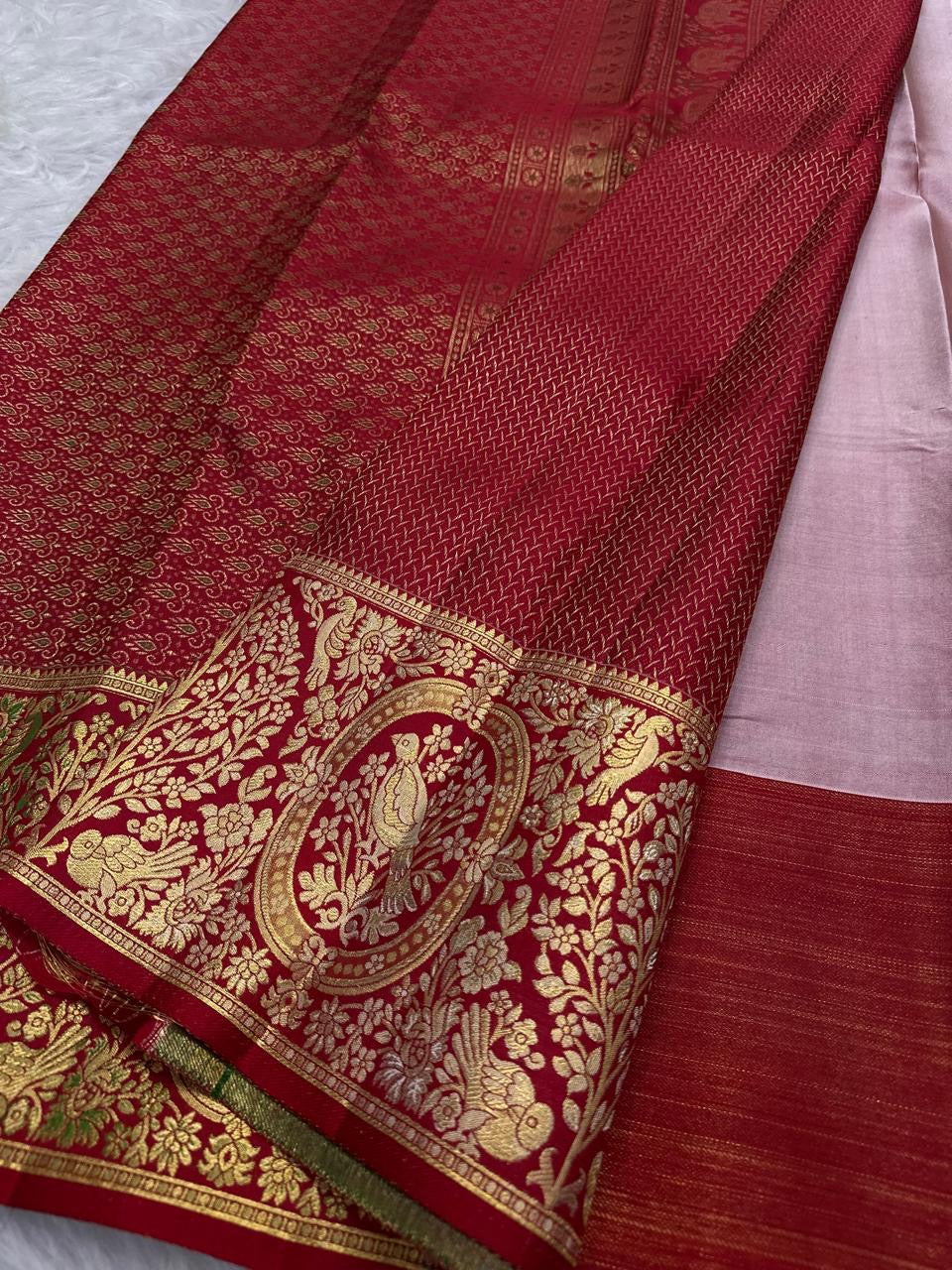 Silver Grey and Arakku Red Kanchipuram fusion saree with extensive Banarasi-style ornamental zariwork.