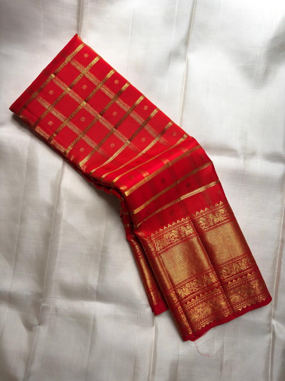 Sindoor Red Handwoven Pure Silk Kanjivaram Saree with Zari Kattam Checks and Antique Gold Border