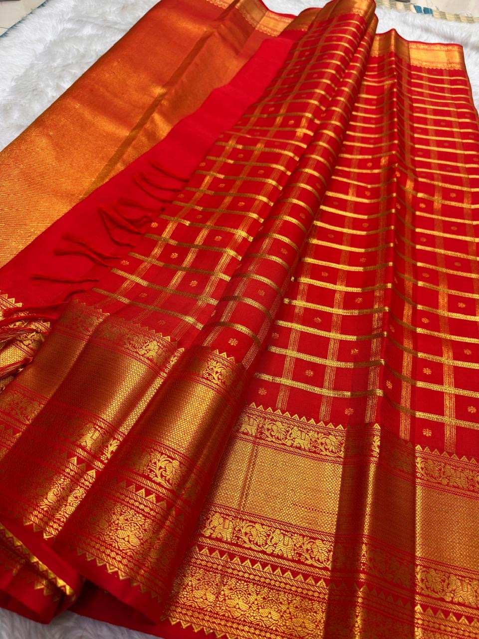 Sindoor Red Handwoven Pure Silk Kanjivaram Saree with Zari Kattam Checks and Antique Gold Border