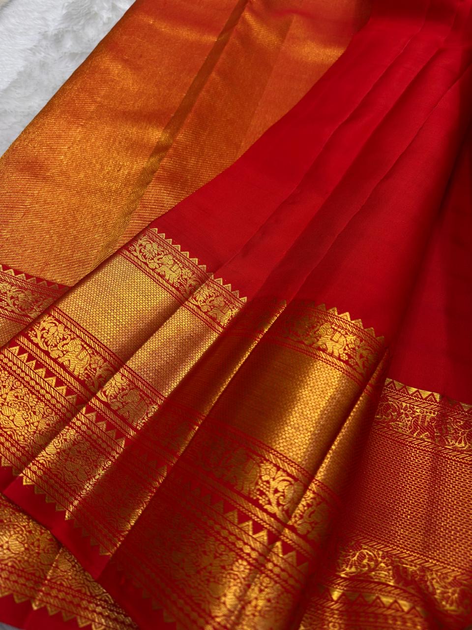Sindoor Red Handwoven Pure Silk Kanjivaram Saree with Zari Kattam Checks and Antique Gold Border