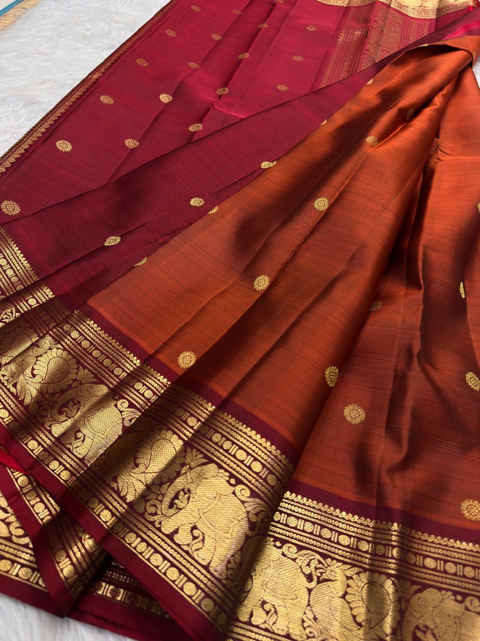 Semmann Terracotta Pure Silk Kanchipuram Peacock Butta Saree with Maroon Zari Border – view 1