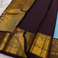 Kanchipattu silk saree in sky blue with cocoa brown border Kanchi Kattam Korvai weave traditional zari detail