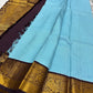 Kanchipattu silk saree in sky blue with cocoa brown border Kanchi Kattam Korvai weave traditional zari detail