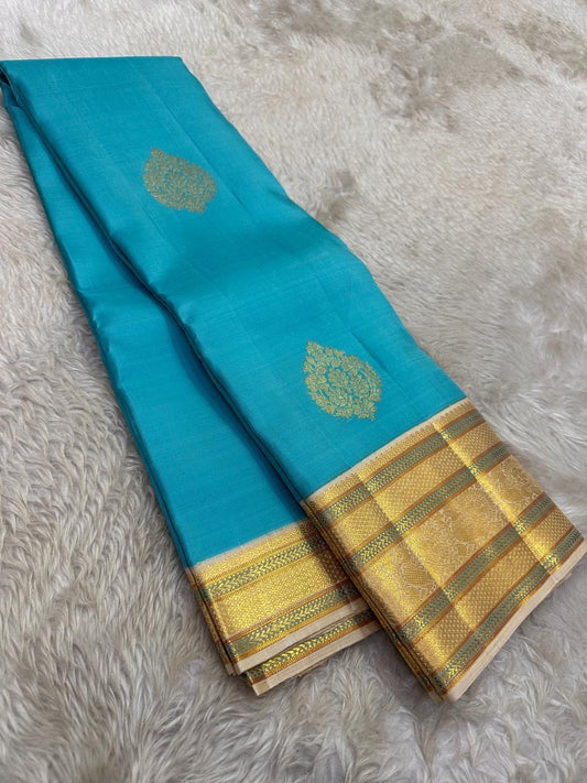 Sky Blue and Gold Handwoven Pure Silk Kanjeevaram Saree with Sonarupa Vairaoosi Oosivaanam Stripes