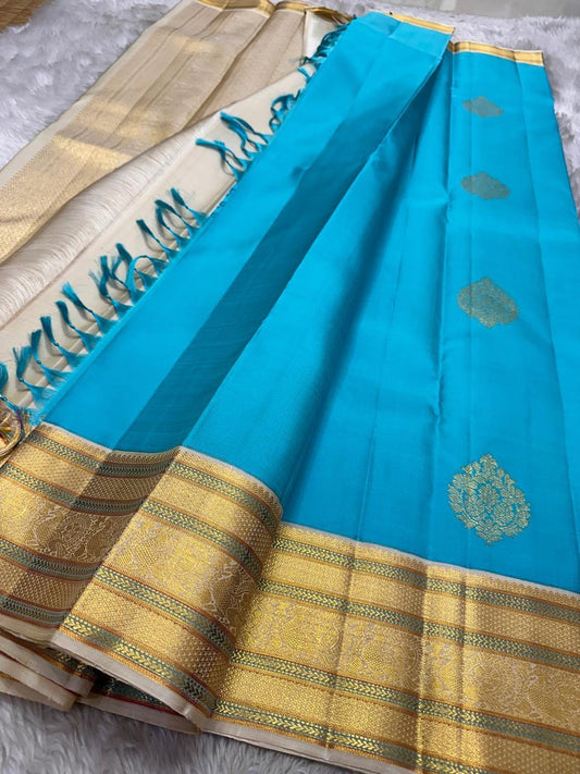Sky Blue and Gold Handwoven Pure Silk Kanjeevaram Saree with Sonarupa Vairaoosi Oosivaanam Stripes