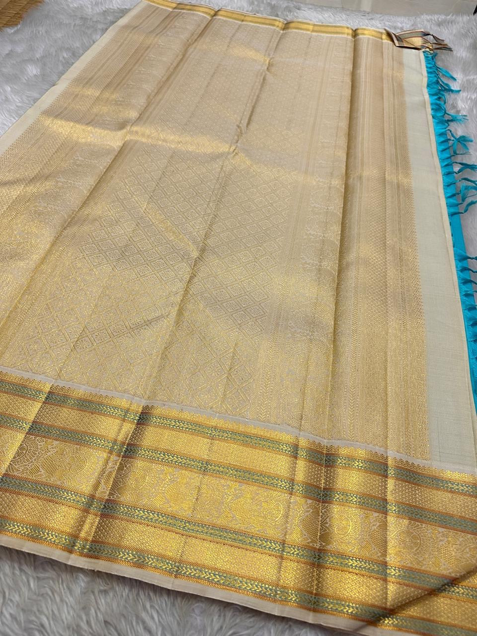 Sky Blue and Gold Handwoven Pure Silk Kanjeevaram Saree with Sonarupa Vairaoosi Oosivaanam Stripes