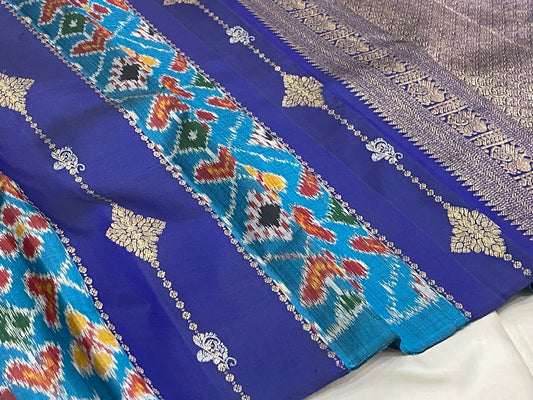 Sky blue Kanchipattu saree with Pochampally ikat fusion and hexagonal silk thread butta — Idam Living