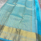 Full spread of sky blue pure Kanchipuram silk saree with gold zari woven pallu panel and sky blue border detailing