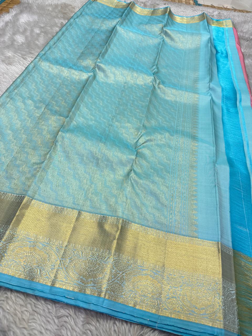 Full spread of sky blue pure Kanchipuram silk saree with gold zari woven pallu panel and sky blue border detailing
