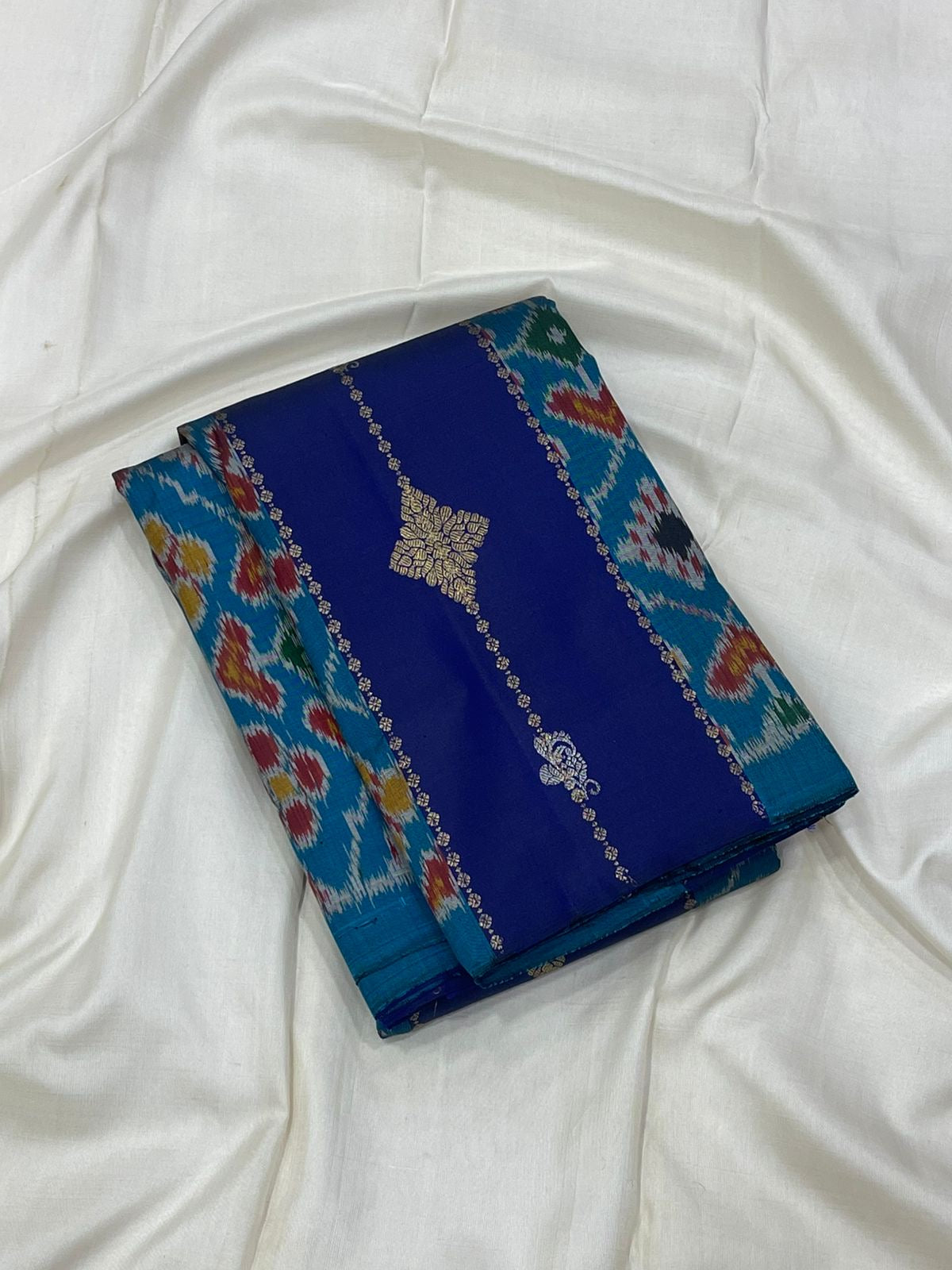 Sky blue Kanjeevaram Pochampally fusion saree with hexagonal butta and royal blue ikat — Idam Living