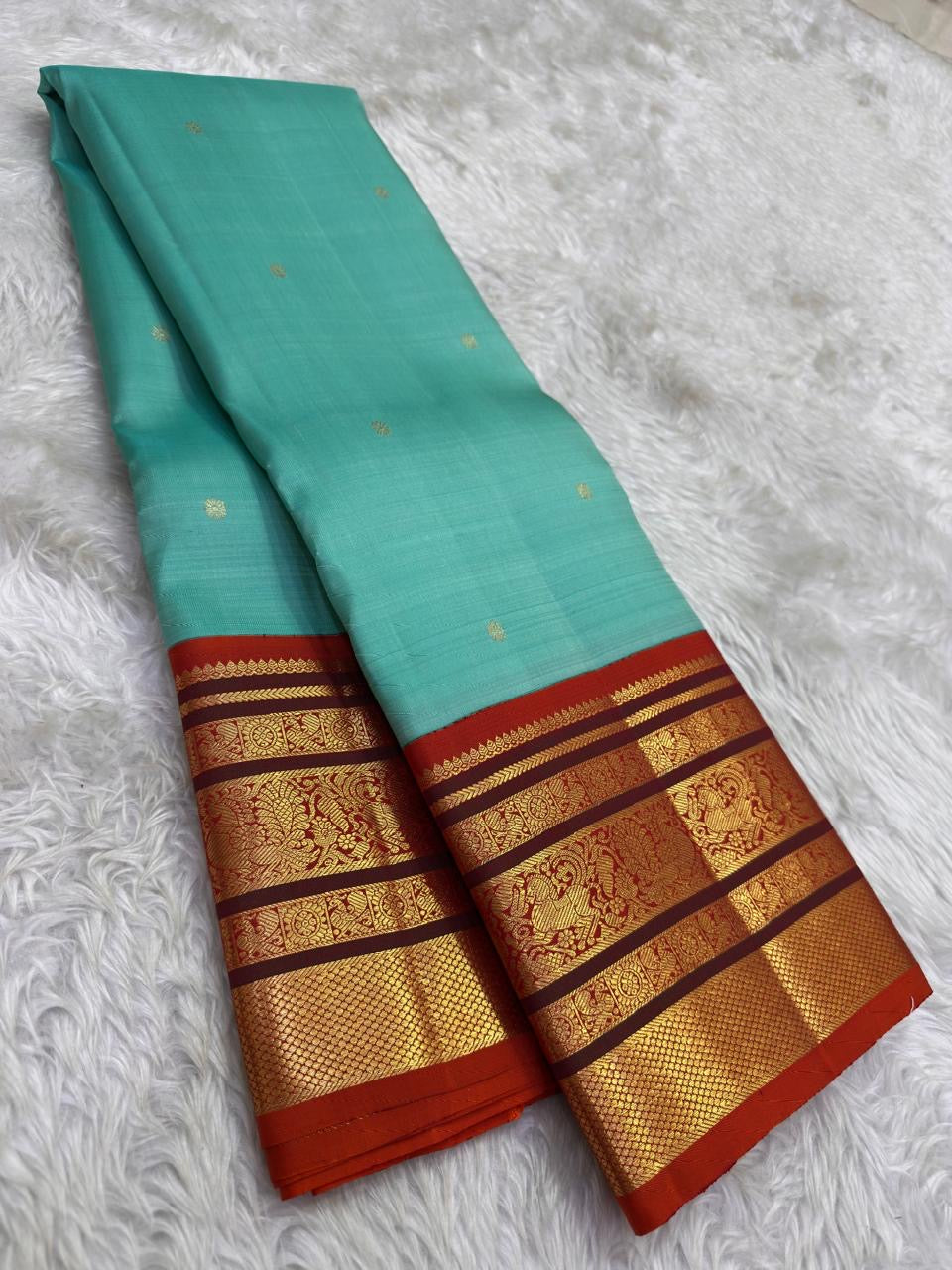 Sky blue Kanjipuram pure silk saree with rust orange Varisaipet border — Idam Living