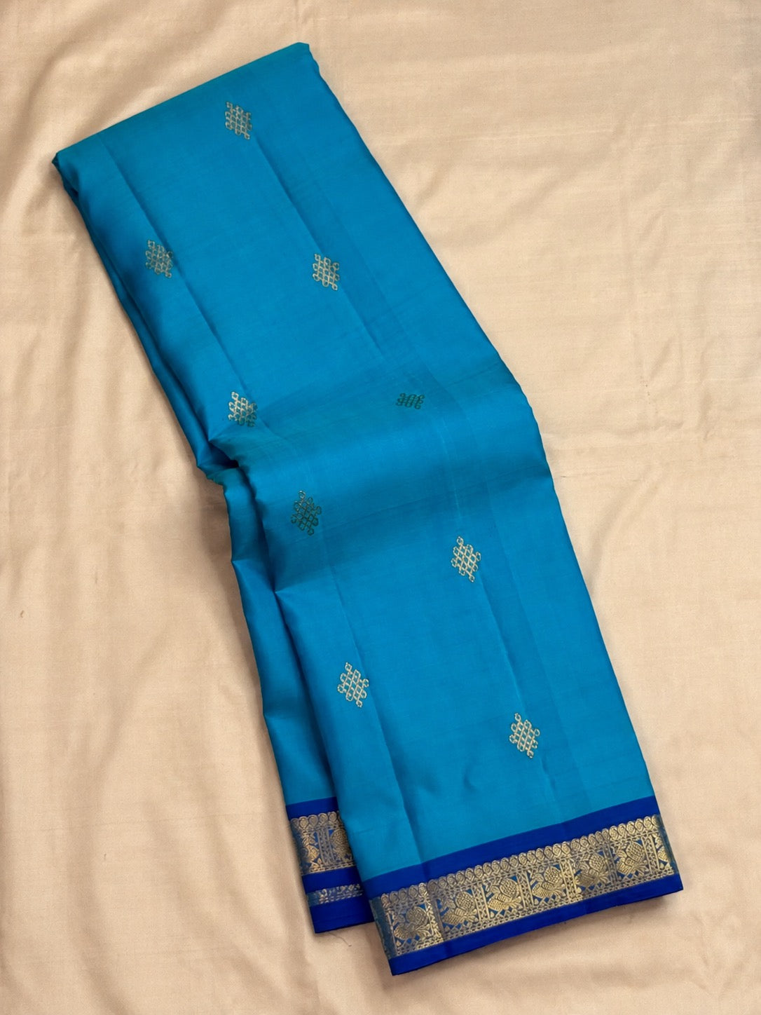 Sky blue Kanjivaram butta saree, styled view
