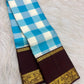 Sky blue Kanjivaram Paalum Pazhamum saree with a deep-brown peacock border.