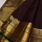 Smoked Cocoa Plum Handwoven Pure Silk Kanjeevaram Saree with Antique Pon Zari Border and Emerald Green Edge