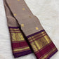 Smoky Taupe Brown pure silk Kanjipuram Varisaipet saree with Deep Purple Mayil gold zari border.