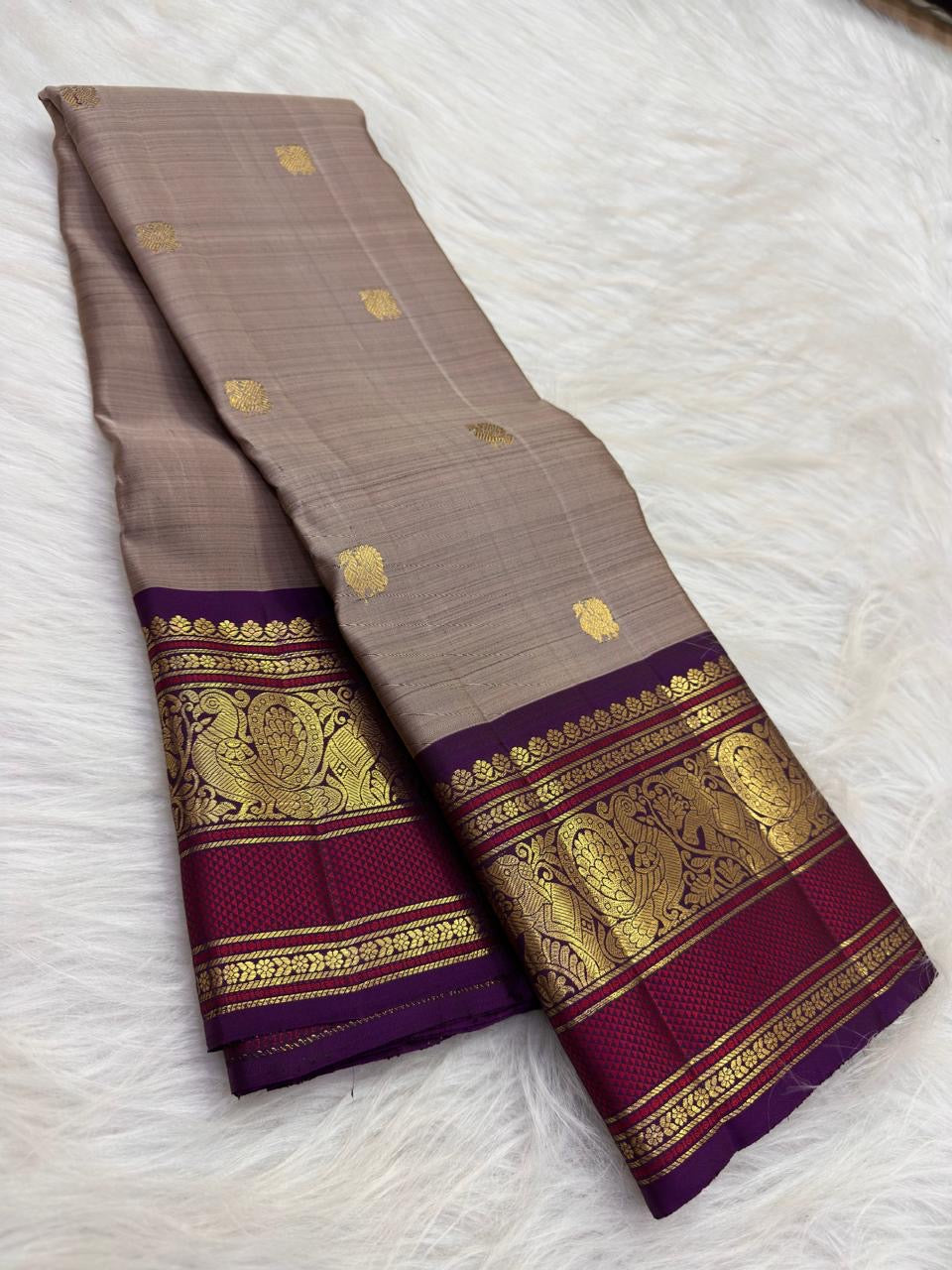 Smoky Taupe Brown pure silk Kanjipuram Varisaipet saree with Deep Purple Mayil gold zari border.