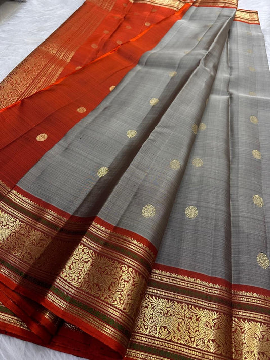 Smoky Taupe pure Kanjipuram silk saree – bird buttas, folded view — Idam Living