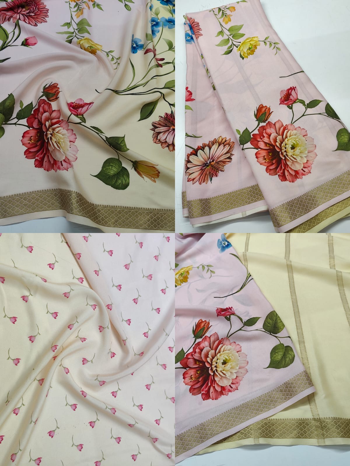 Pure Mysore Silk Crepe Saree Pastel Floral Prints with Zari Border