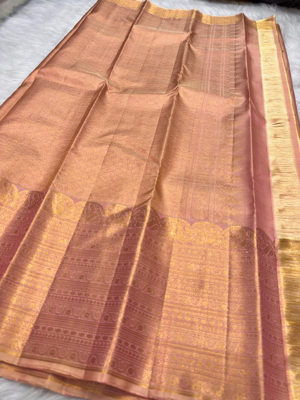 Curated Pure Silk Kanchipuram Zari Kattam sarees including the Soft Peach Blush and gold design.
