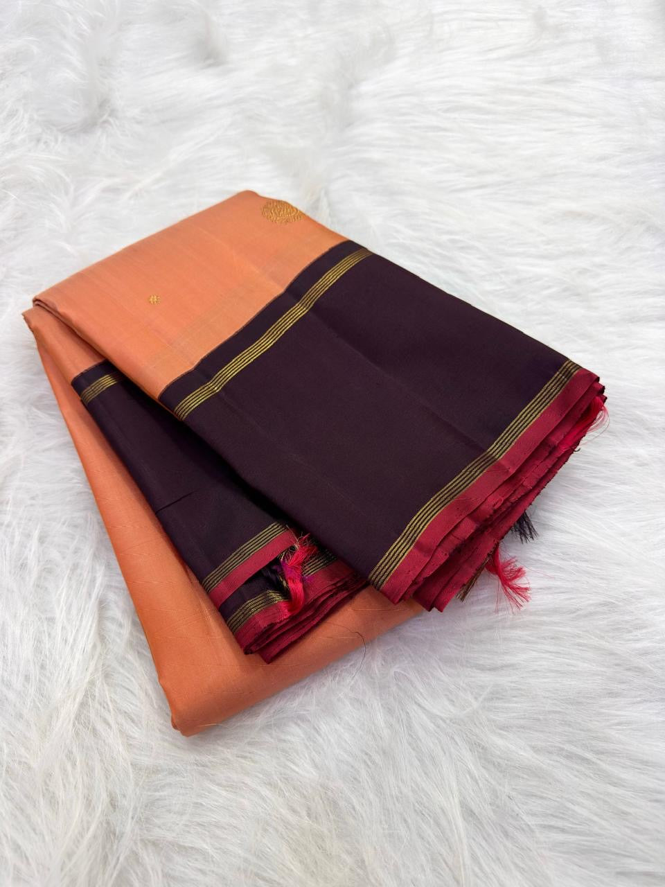 Soft Peach Pink Handwoven Pure Silk Kanchi Pattu Saree with Deep Aubergine Rettapet Border and Zari Buttas