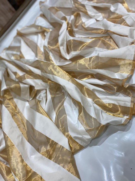 Draped view of Soft Pearl Pure Silk Chanderi Saree with Gold Border