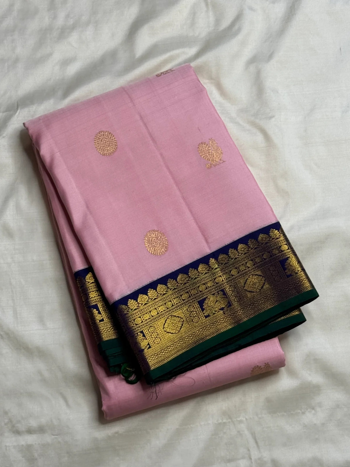 Soft Pink Kanjivaram saree with Green border detail