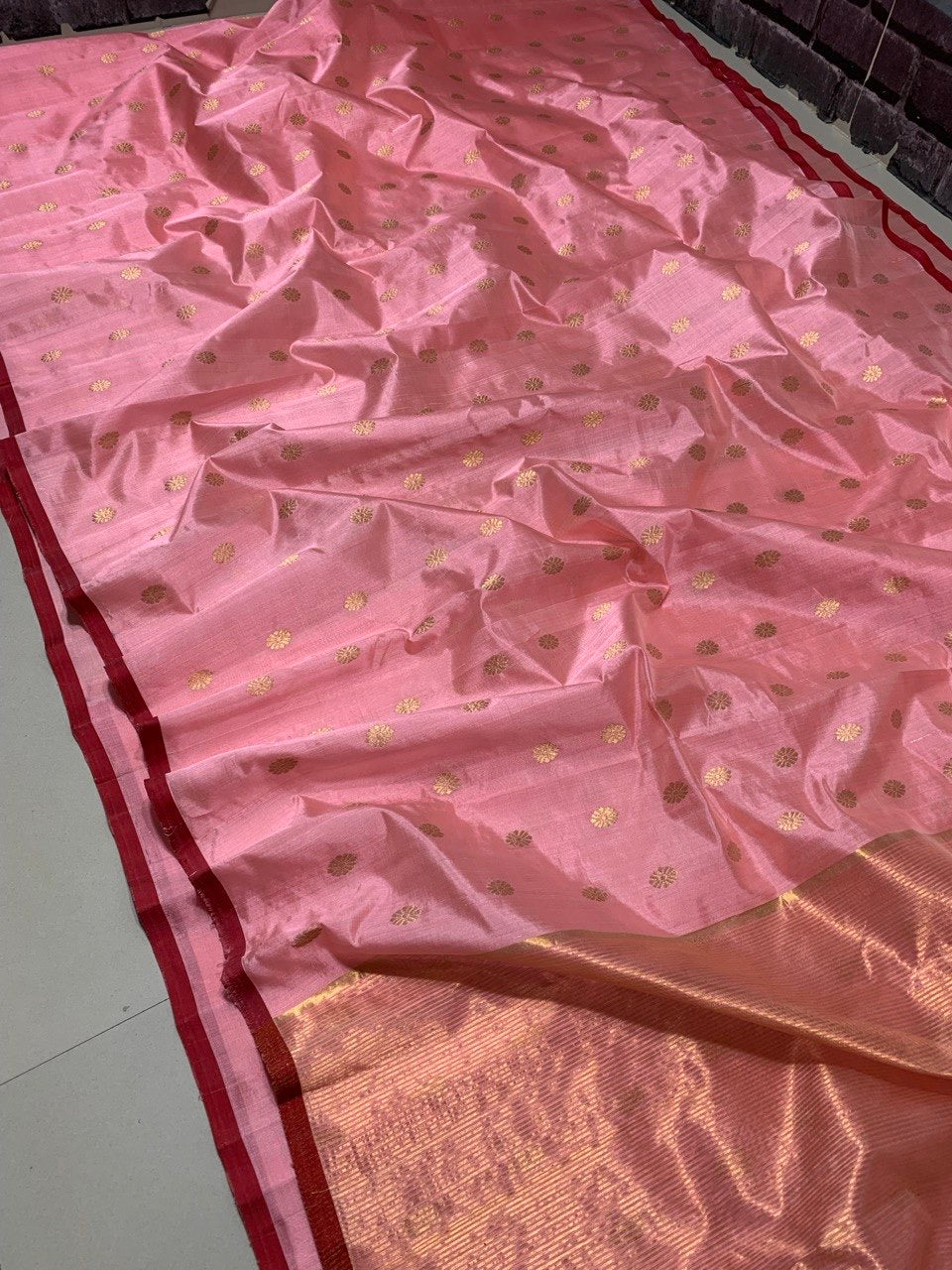 Soft pink Pattu Silk Chanderi saree with gold coin motifs and gold pallu — Idam Living