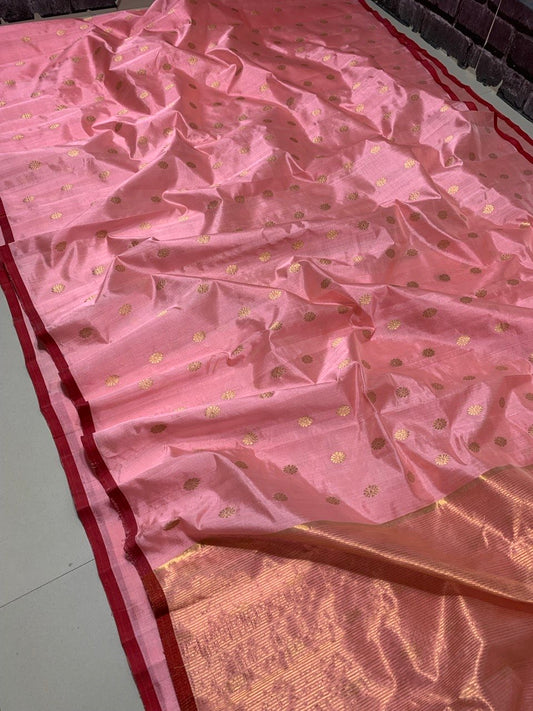 Soft pink Pattu Silk Chanderi saree with gold coin motifs and gold pallu — Idam Living