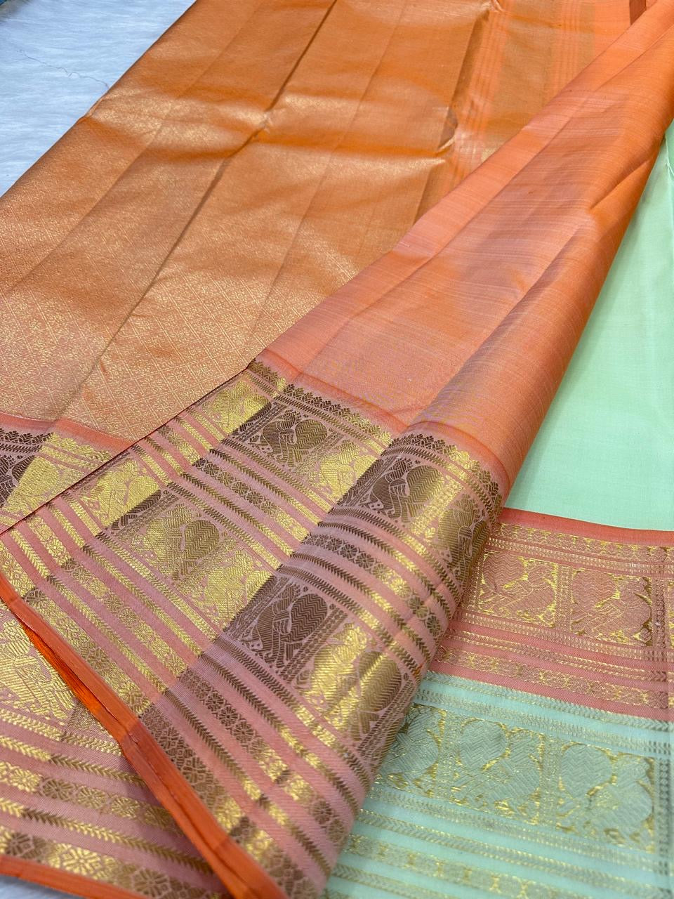 Soft Pistachio Green KanchiPattu silk saree, border close-up detail — Idam Living