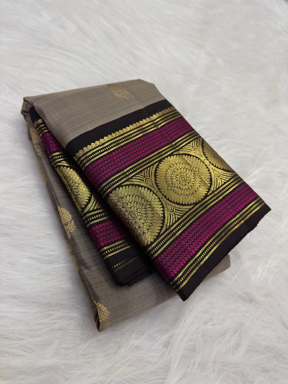 Soft Taupe Grey Pure Silk Kanjipuram Saree — full saree overview, Butta weave with black medallion border — Idam Living