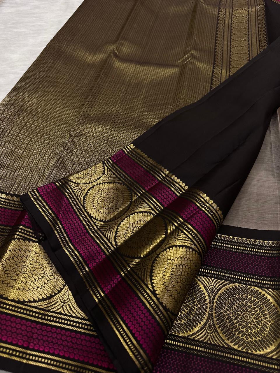 Soft Taupe Grey Kanjipuram Saree — black border with oversized gold zari floral medallions