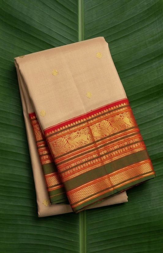 Soft wheat godhumai gold Kanchipuram silk saree with ember red varisaipet border