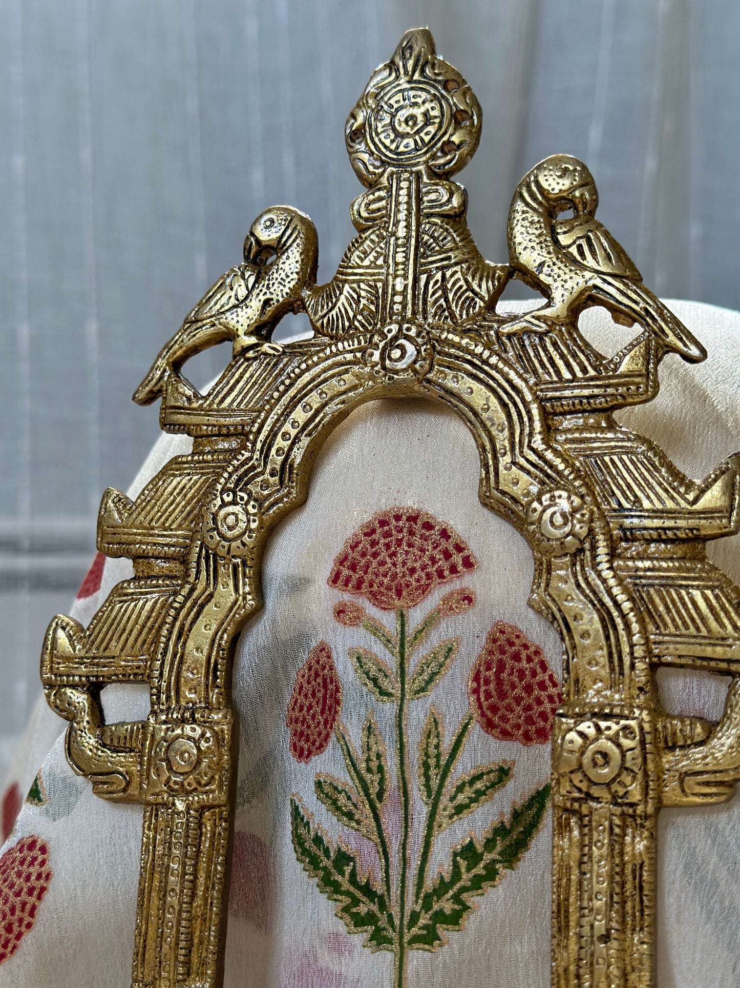 Pure brass peacock prabhavali frame 10 x 5.5 inches with intricate carved arch and hanging bracket for temple decor