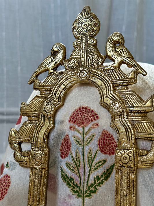 Pure brass peacock prabhavali frame 10 x 5.5 inches with intricate carved arch and hanging bracket for temple decor