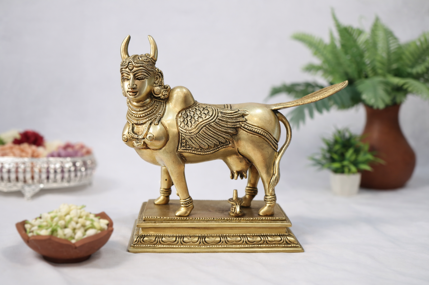 Front view of pure brass Kamadhenu Hindu traditional sculpture with intricate carvings and ornate pedestal base 8 inch