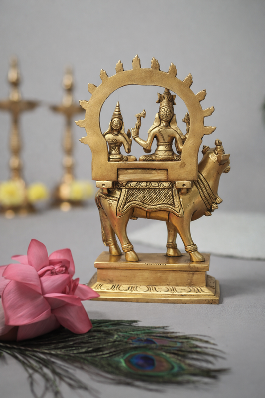 Detailed Shiva Parvati on Nandi solid brass idol with circular aureole for home temple