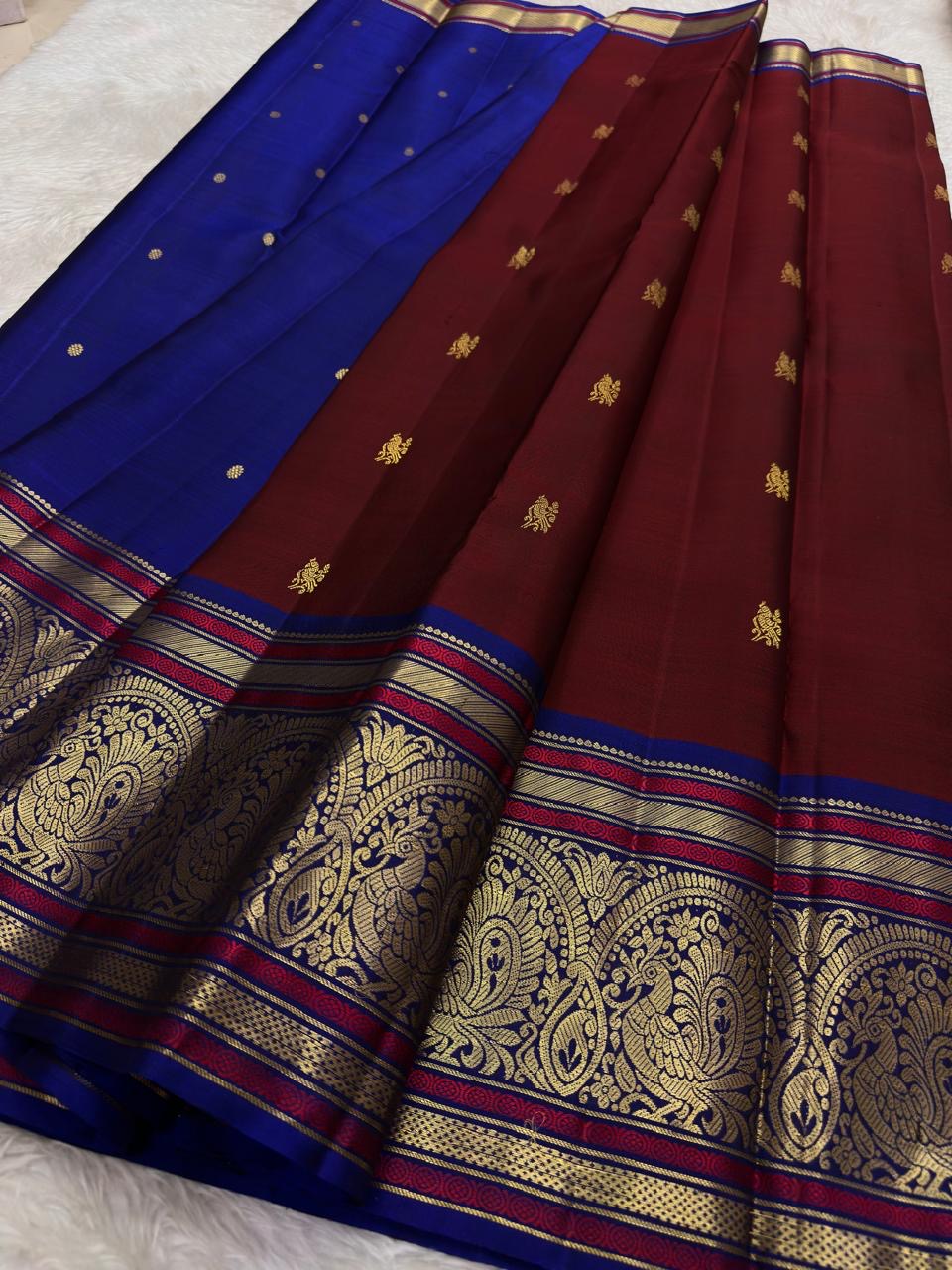 Magenta and Royal Blue Handwoven Pure Silk Kanchipuram Saree with Sorgavaasal Mayil Border