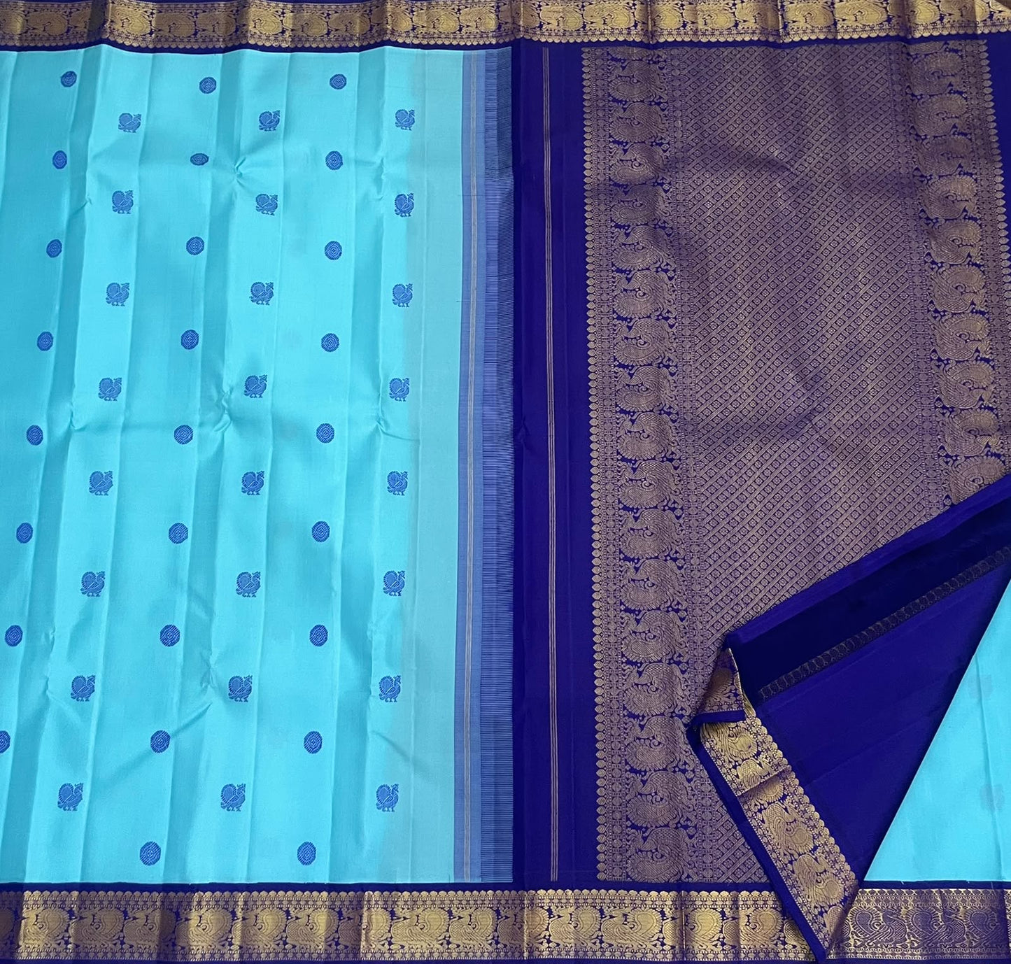 Aqua Blue Handwoven Pure Silk Kanjivaram Saree with Korvai Peacock Border
