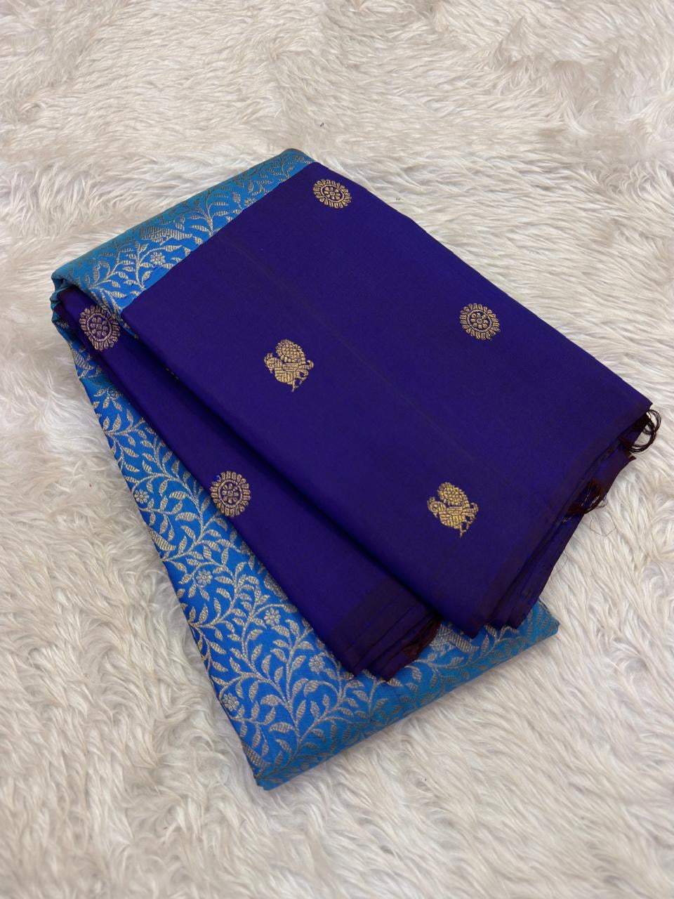 South Indian Kanchipuram silk saree royal blue with floral jaal design – side view
