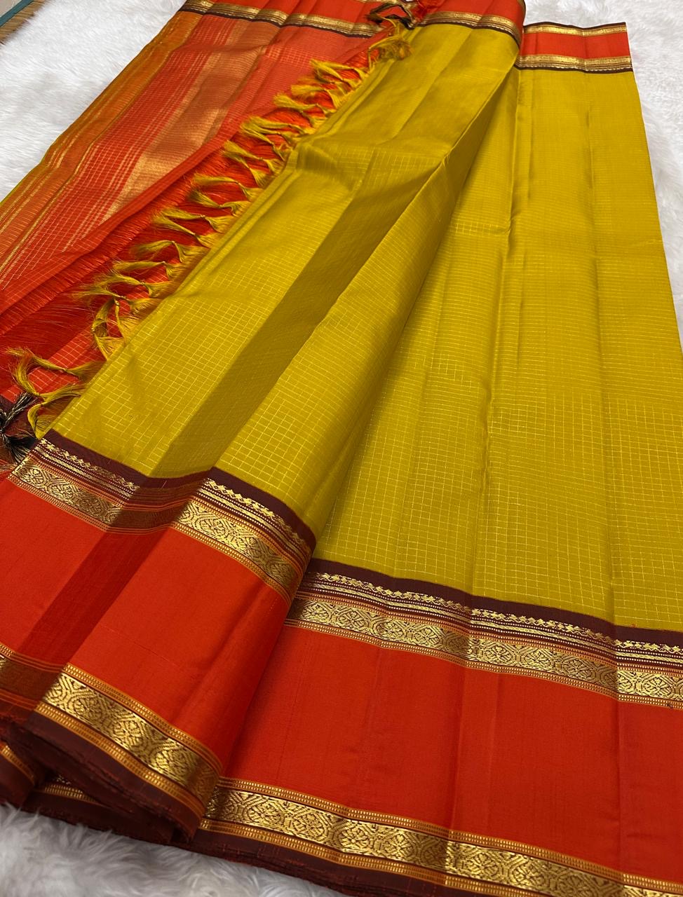 Mango Mustard and Sindhu Orange Handwoven Pure Silk Kanjivaram Saree with Zari Kattam Border