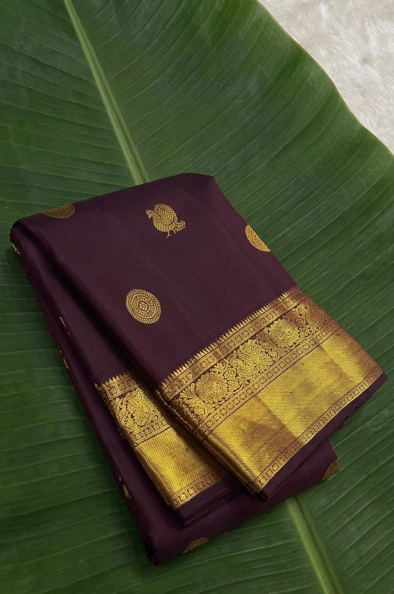 South Indian wedding Kanchipuram silk saree Kanchana brown purple – full length view