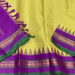 full spread chartreuse checked kanchipuram silk saree with purple pallu and vertical zari stripes available in the USA
