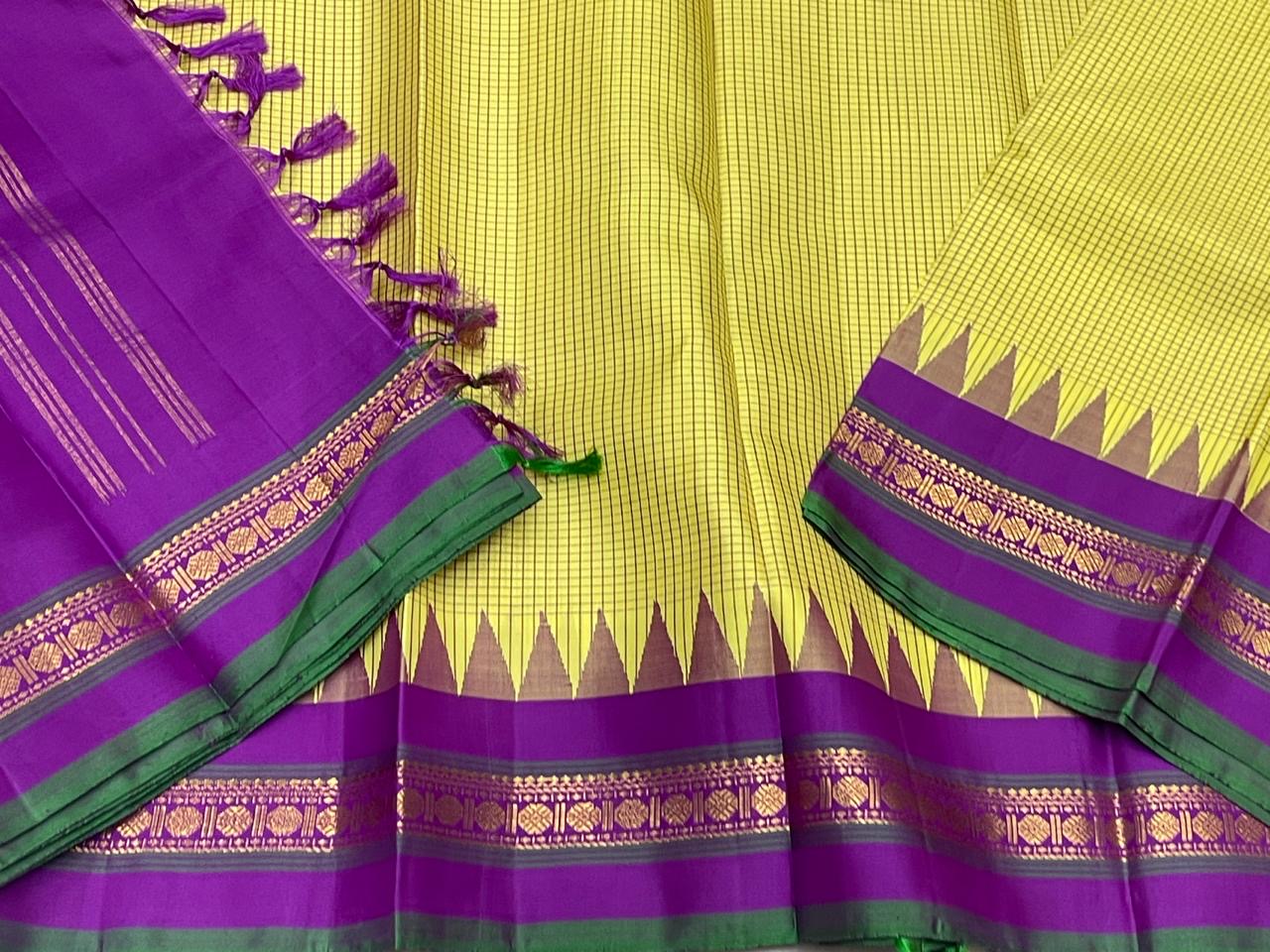 full spread chartreuse checked kanchipuram silk saree with purple pallu and vertical zari stripes available in the USA