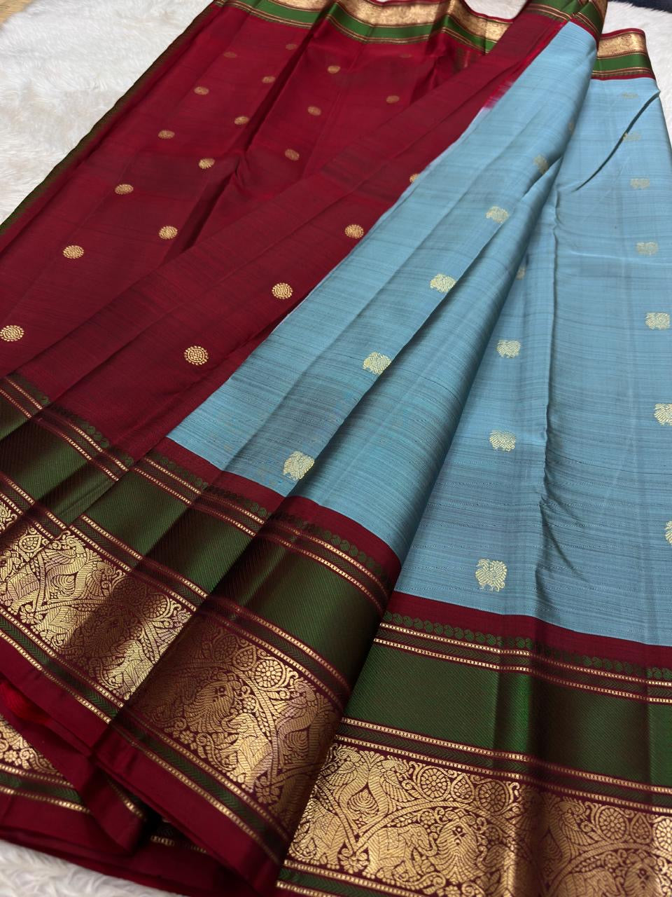 Steel Blue and Deep Green Handwoven Pure Silk Kanjipuram Saree with Mayil Butta and Peacock Silk Thread Zari Border